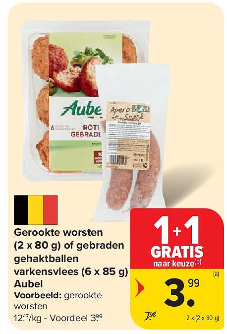 Gerookte worsten (2 x 80 g) of gebraden gehaktballen varkensvlees (6 x 85 g) Aubel