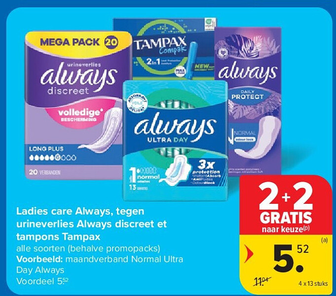 Ladies care Always, tegen urineverlies Always discreet et tampons Tampax