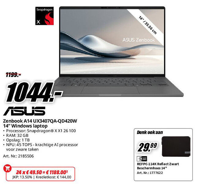 Asus Zenbook A14 UX3407QA-QD420W 14” Windows laptop
