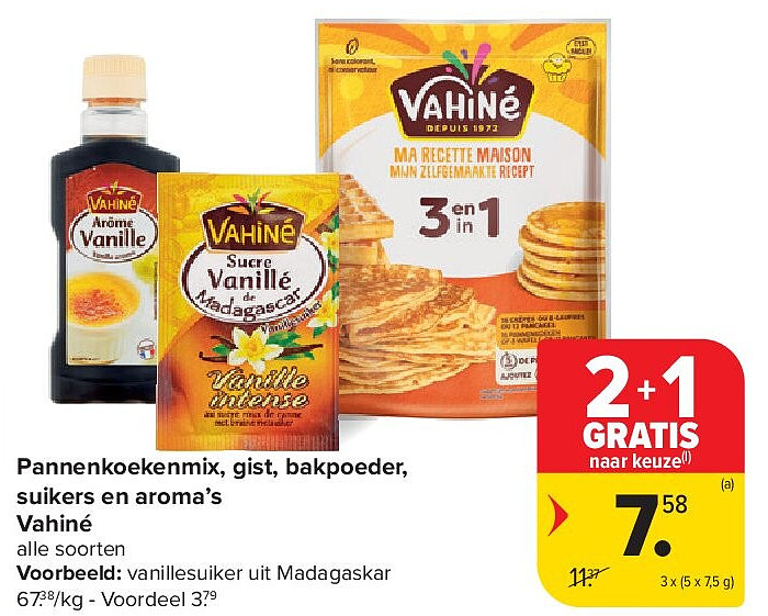 Pannenkoekenmix, gist, bakpoeder, suikers en aroma’s Vahiné