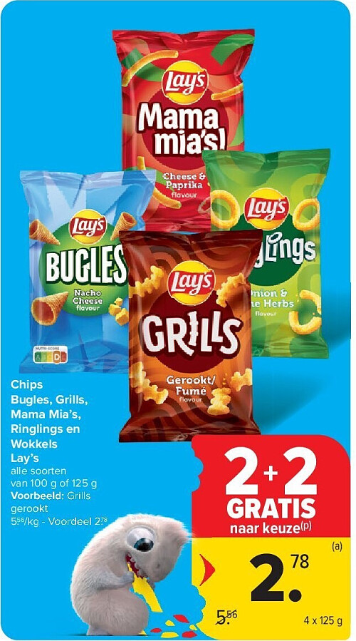 Chips Bugles, Grills, Mama Mia’s, Ringlings en Wokkels Lay’s