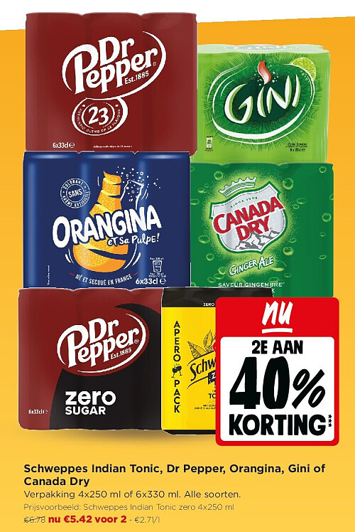 Schweppes Indian Tonic, Dr Pepper, Orangina, Gini of Canada Dry