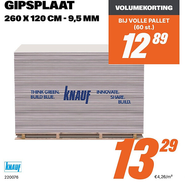 GIPSPLAAT 260 X 120 CM - 9,5 MM