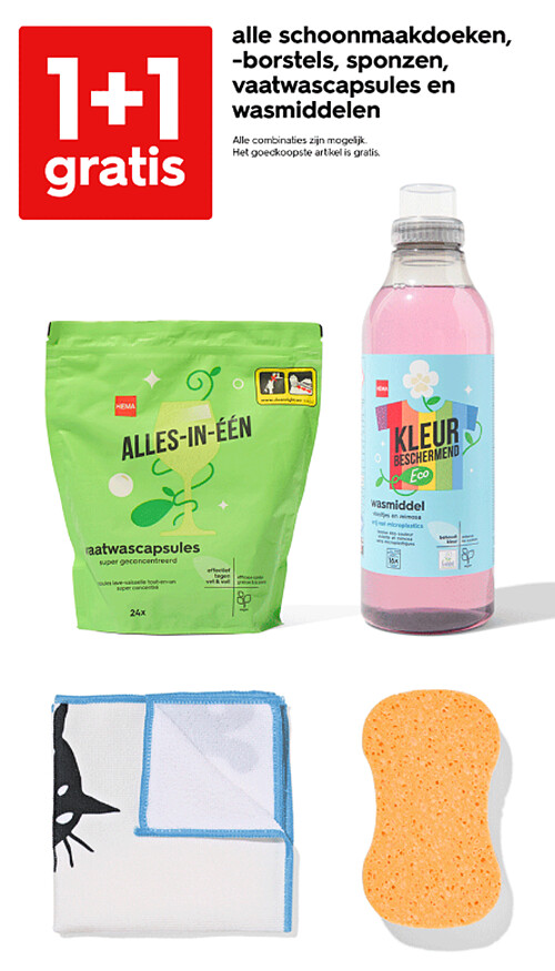 alle schoonmaakdoeken, -borstels, sponzen, vaatwascapsules en wasmiddelen