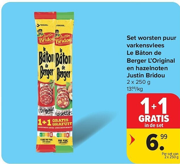 Set worsten puur varkensvlees Le Bâton de Berger L’Original en hazelnoten Justin Bridou
