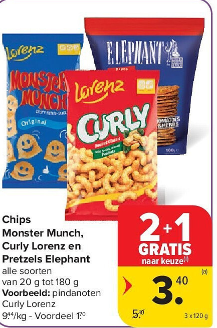 Chips Monster Munch, Curly Lorenz en Pretzels Elephant