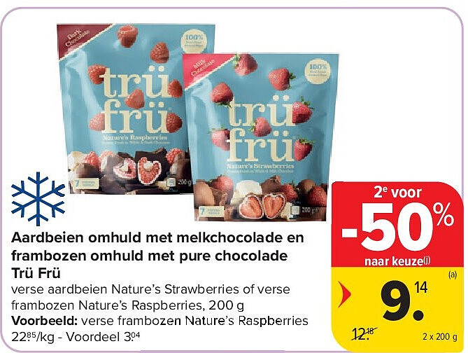 Aardbeien omhuld met melkchocolade en frambozen omhuld met pure chocolade Trü Frü