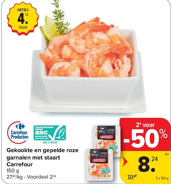 Gekookte en gepelde roze garnalen met staart Carrefour