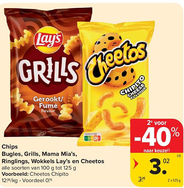 Chips Bugles, Grills, Mama Mia’s, Ringlings, Wokkels Lay’s en Cheetos