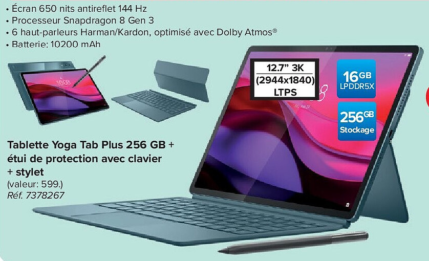 Lenovo Tablette Yoga Tab Plus 256 GB + étui de protection avec clavier + stylet