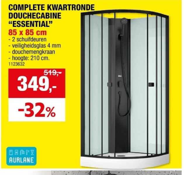 COMPLETE KWARTRONDE DOUCHECABINE "ESSENTIAL" 85 x 85 cm