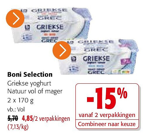 Boni Selection Griekse yoghurt Natuur vol of mager 2 x 170 g