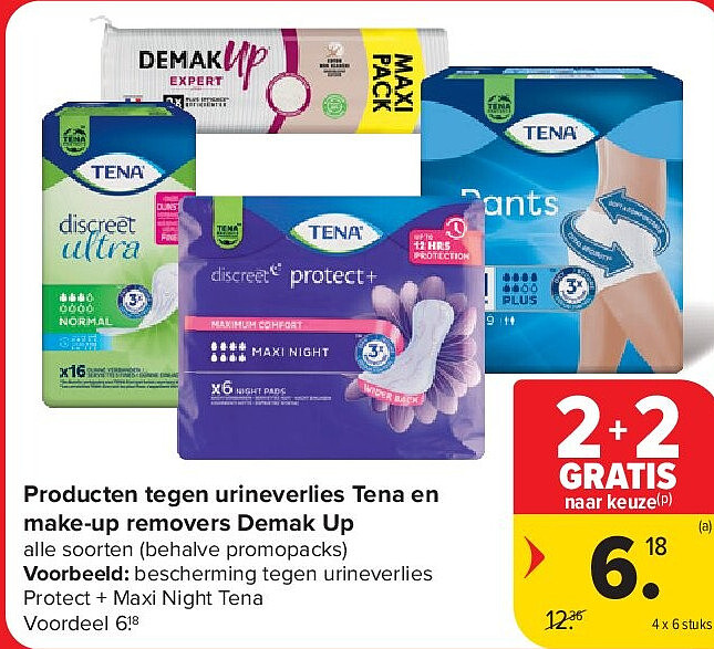 Producten tegen urineverlies Tena en make-up removers Demak Up