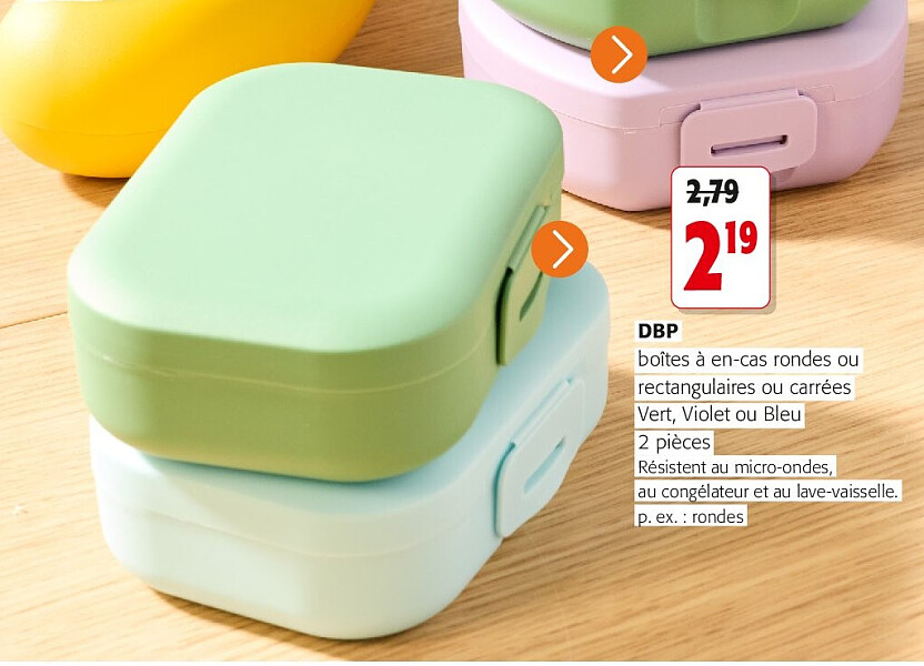 DBP boîtes à en-cas rondes ou rectangulaires ou carrées Vert, Violet ou Bleu 2 pièces