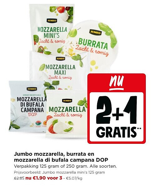Jumbo mozzarella, burrata en mozzarella di bufala campana DOP