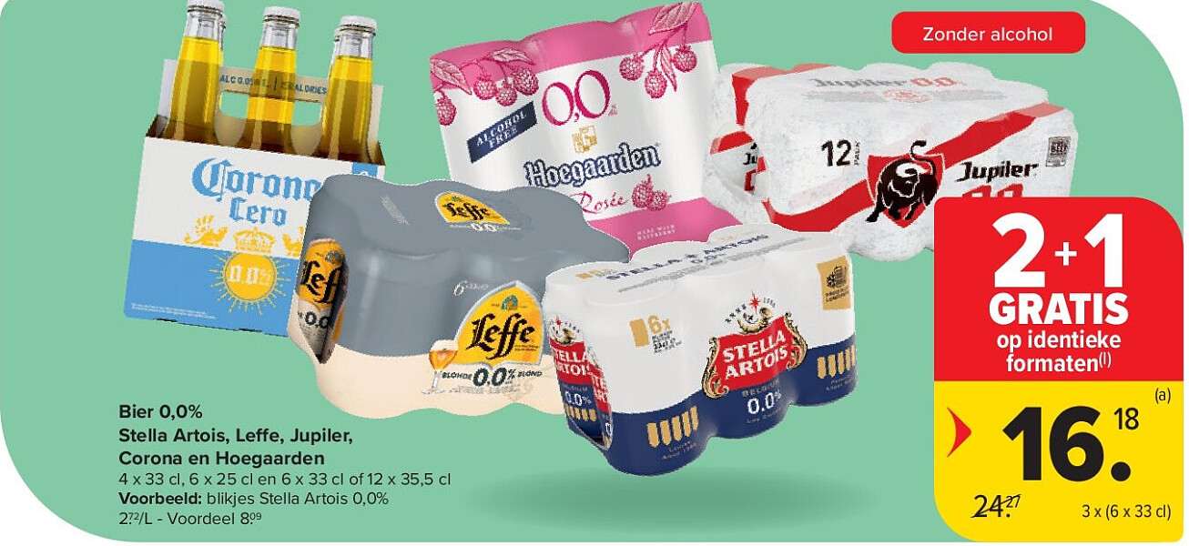 Bier 0,0% Stella Artois, Leffe, Jupiler, Corona en Hoegaarden