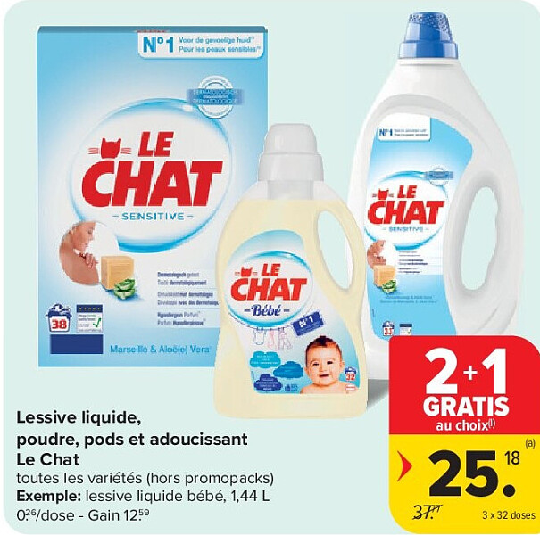 Lessive liquide, poudre, pods et adoucissant Le Chat 3 x 32 doses