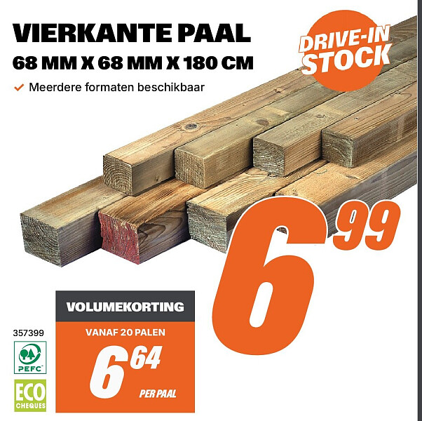 VIERKANTE PAAL 68 MM X 68 MM X 180 CM