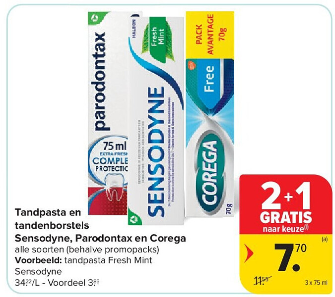 Tandpasta en tandenborstels Sensodyne, Parodontax en Corega