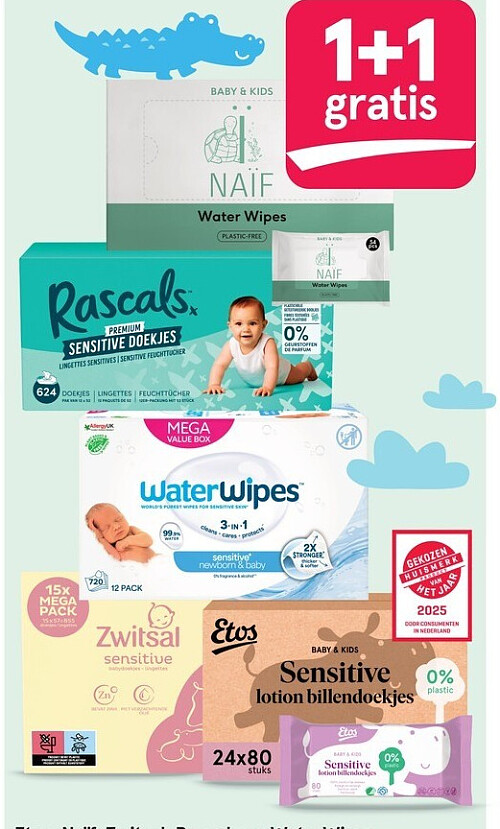 Etos, Naïf, Zwitsal, Rascals en WaterWipes babydoekjes grootverpakkingen