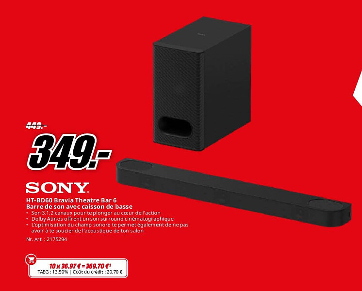 Sony HT-BD60 Bravia Theatre Bar 6 Barre de son avec caisson de basse