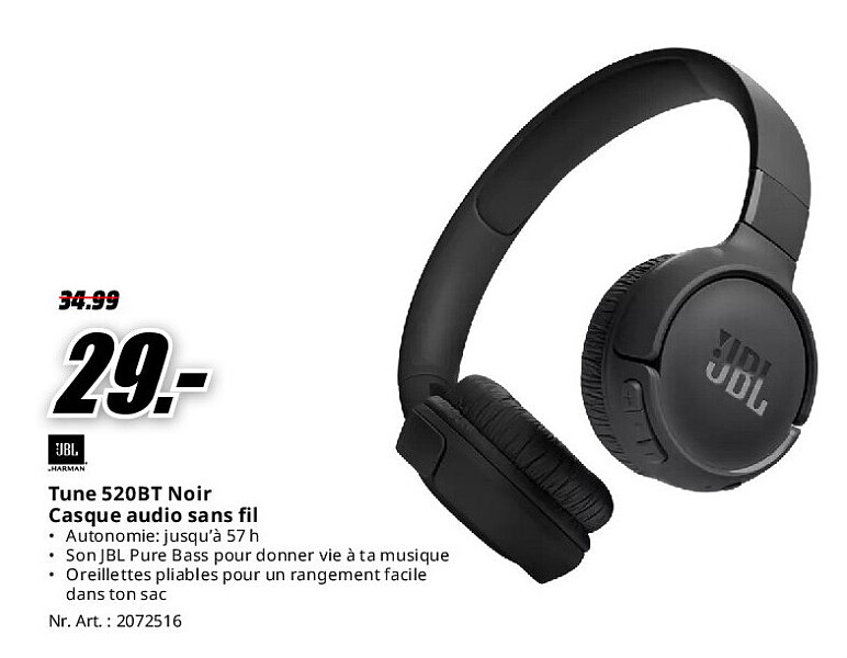 Tune 520BT Noir Casque audio sans fil