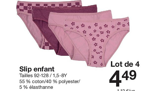 Slip enfant Tailles 92-128 / 1,5-8Y 55 % coton/40 % polyester/ 5 % élasthanne