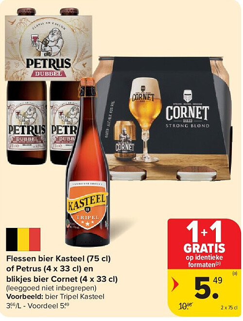 Flessen bier Kasteel (75 cl) of Petrus (4 x 33 cl) en blikjes bier Cornet (4 x 33 cl)