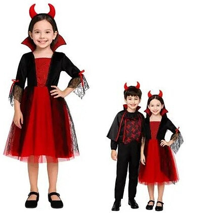 Joya Kids® Vampier Verkleedjurk Meisje met Duivelsooren | Halloween Jurk Kind