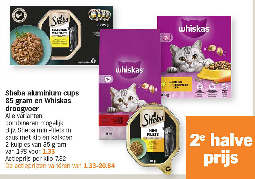 Sheba aluminium cups 85 gram en Whiskas droogvoer