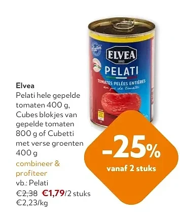 Elvea Pelati hele gepelde tomaten 400 g.