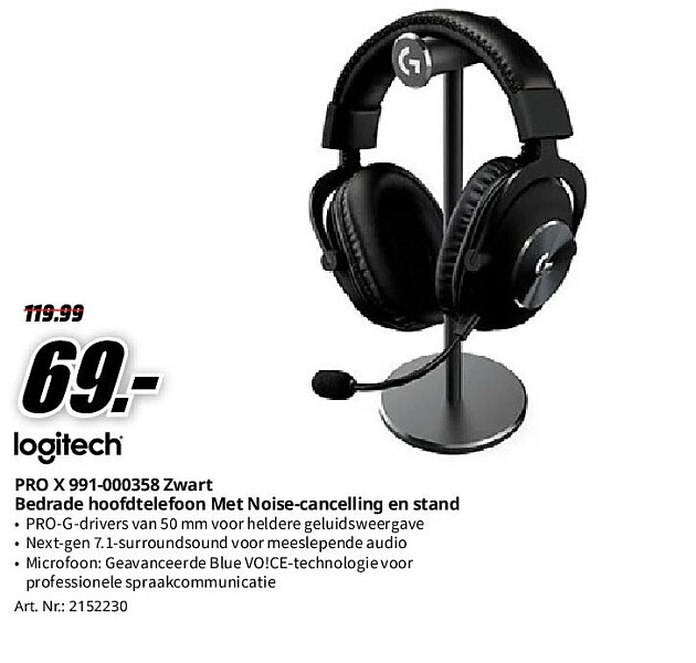 PRO X 991-000358 Zwart Bedrade hoofdtelefoon Met Noise-cancelling en stand