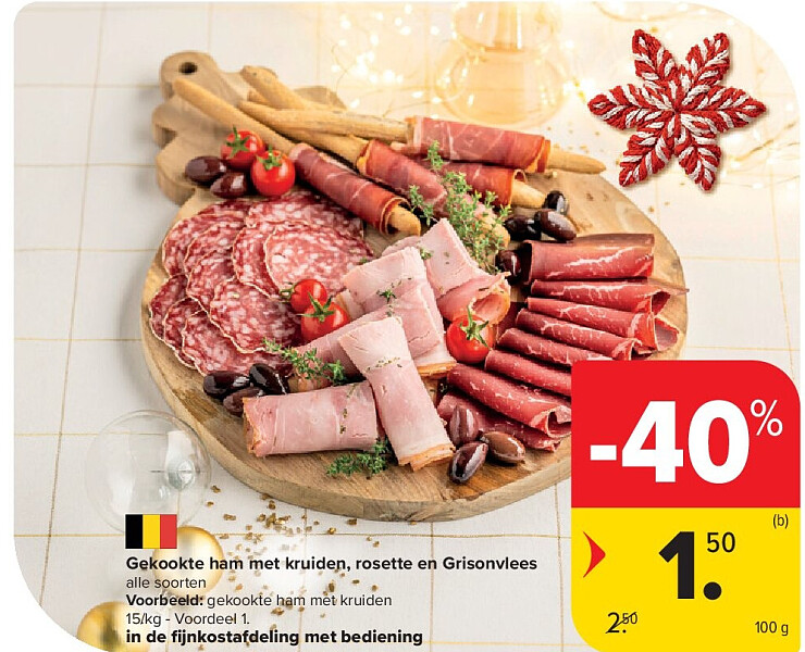 Gekookte ham met kruiden, rosette en Grisonvlees