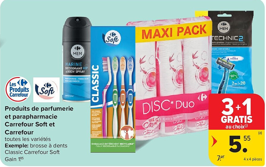 Produits de parfumerie et parapharmacie Carrefour Soft et Carrefour 4 x 4 pièces