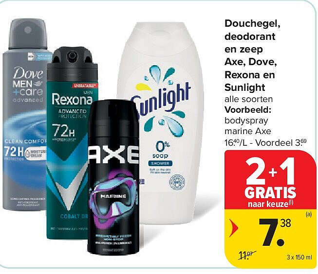 Douchegel, deodorant en zeep Axe, Dove, Rexona en Sunlight
