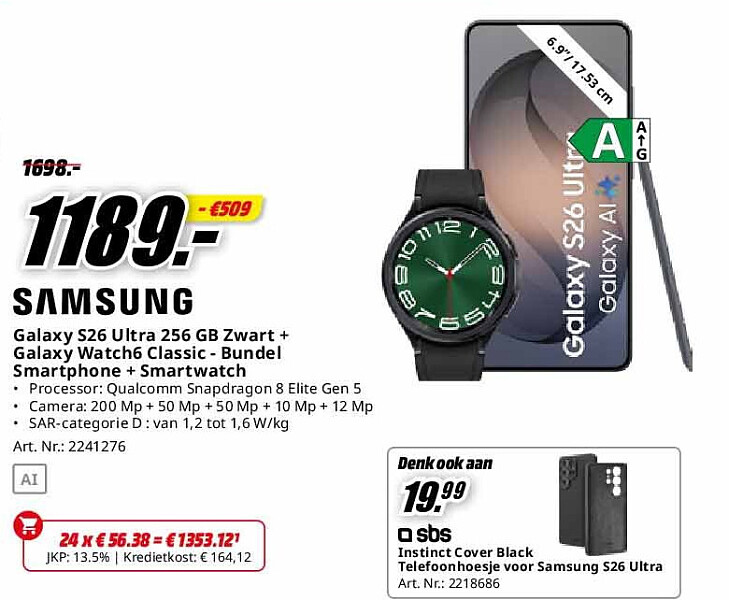 Galaxy S26 Ultra 256 GB Zwart + Galaxy Watch6 Classic - Bundel Smartphone + Smartwatch