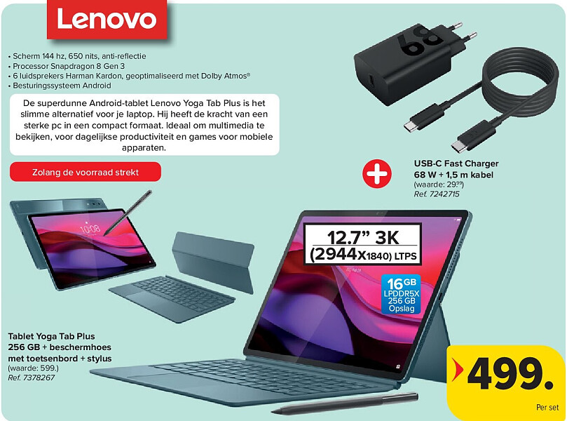 Tablet Yoga Tab Plus 256 GB + beschermhoes met toetsenbord + stylus + USB-C Fast Charger 68 W + 1,5 m kabel