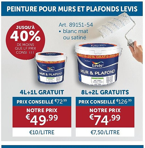 PEINTURE POUR MURS ET PLAFONDS LEVIS 4L+1L GRATUIT
