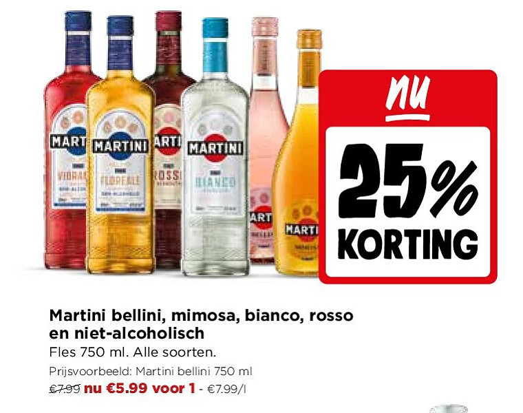 Martini bellini, mimosa, bianco, rosso en niet-alcoholisch
