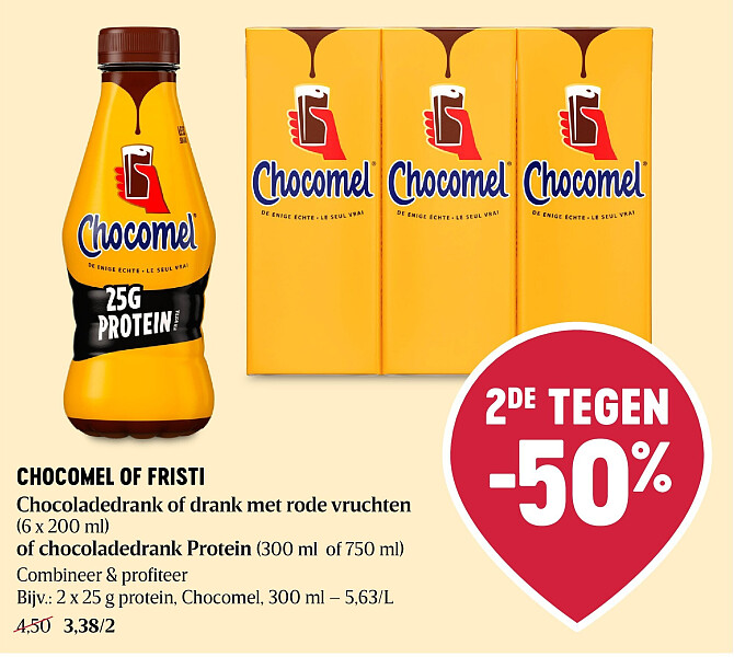 CHOCOMEL OF FRISTI Chocoladedrank of drank met rode vruchten (6 x 200 ml) of chocoladedrank Protein (300 ml of 750 ml)