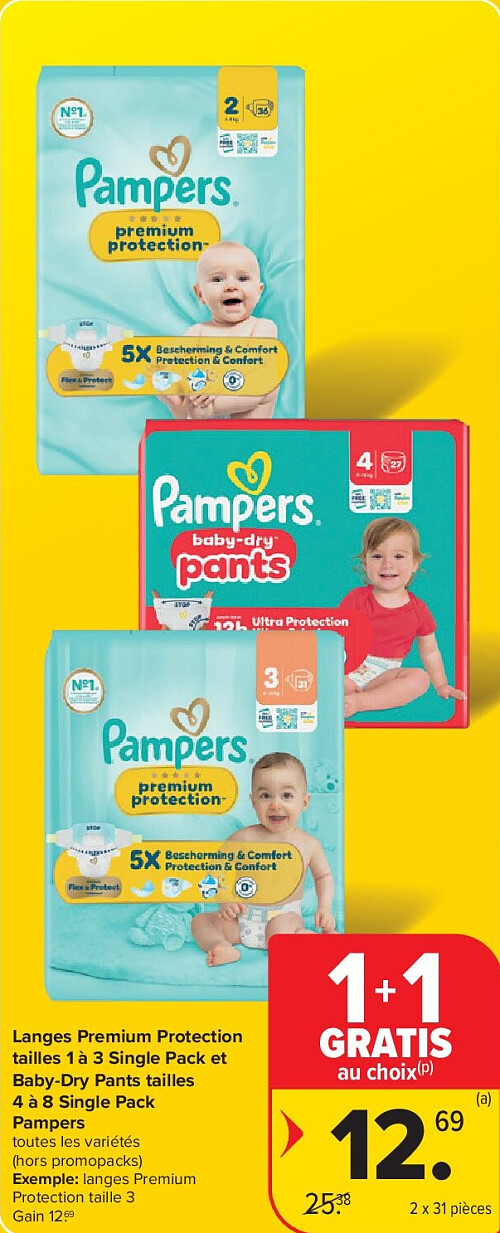 Langes Premium Protection tailles 1 à 3 Single Pack et Baby-Dry Pants tailles 4 à 8 Single Pack Pampers 2 x 31 pièces