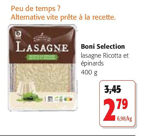 Boni Selection lasagne Ricotta et épinards 400 g