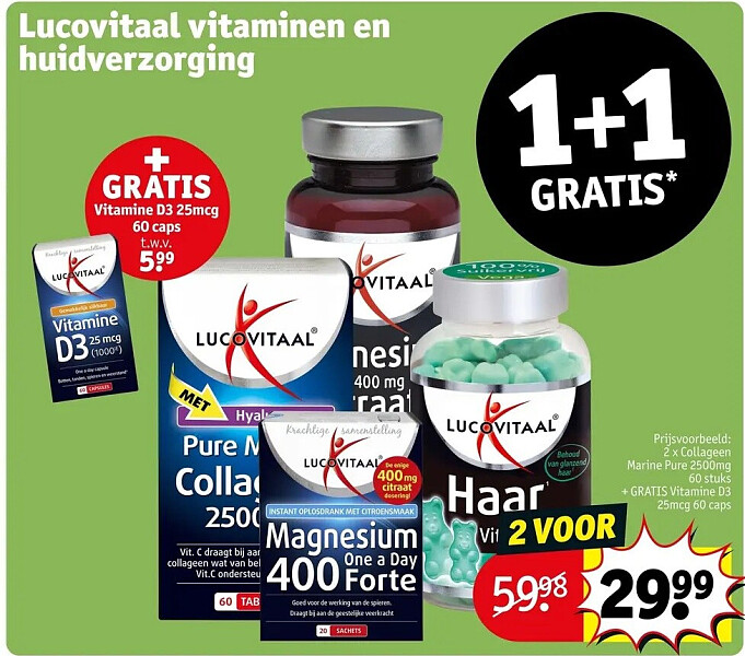 2 x Collageen Marine Pure 2500mg 60 stuks + GRATIS Vitamine D3 25mcg 60 caps