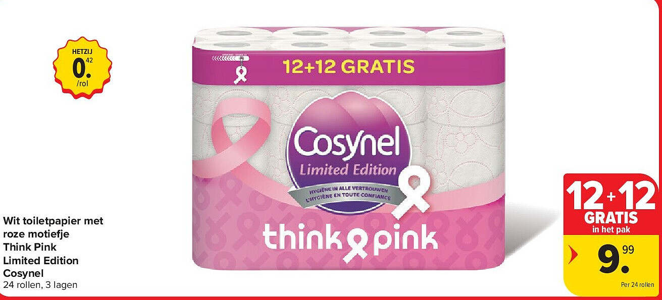 Wit toiletpapier met roze motie e Think Pink Limited Edition Cosynel