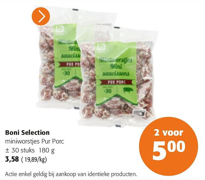 Boni Selection miniworstjes Pur Porc ± 30 stuks 180 g