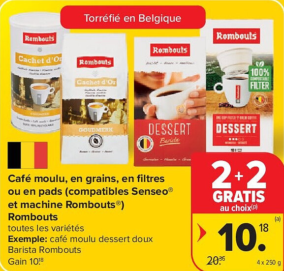 Café moulu, en grains, en filtres ou en pads (compatibles Senseo® et machine Rombouts®) Rombouts 4 x 250 g