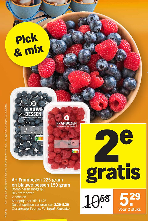 AH Frambozen 225 gram en blauwe bessen 150 gram