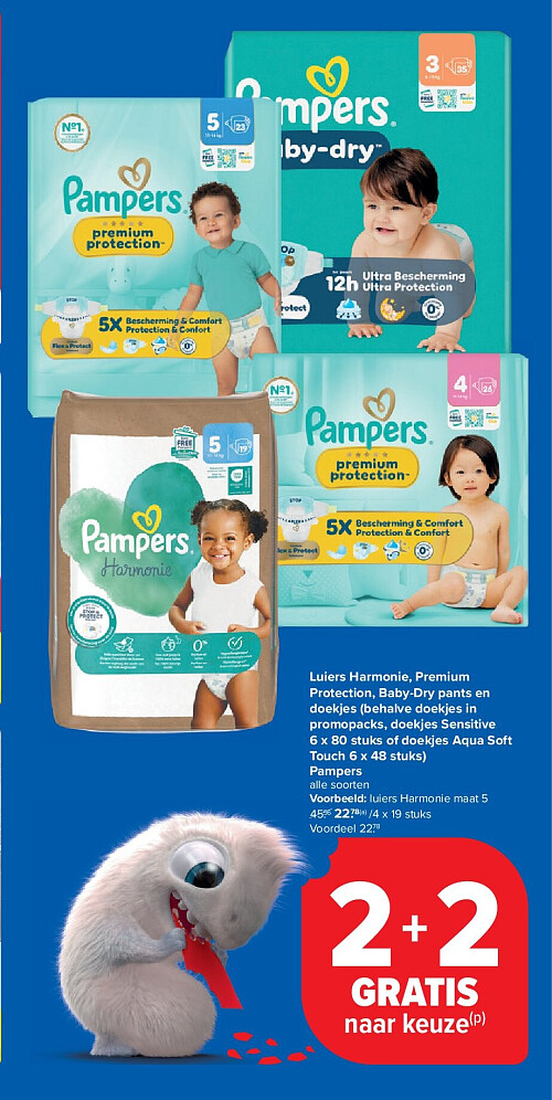 Luiers Harmonie, Premium Protection, Baby-Dry pants en doekjes (behalve doekjes in promopacks, doekjes Sensitive 6 x 80 stuks of doekjes Aqua Soft Touch 6 x 48 stuks) Pampers