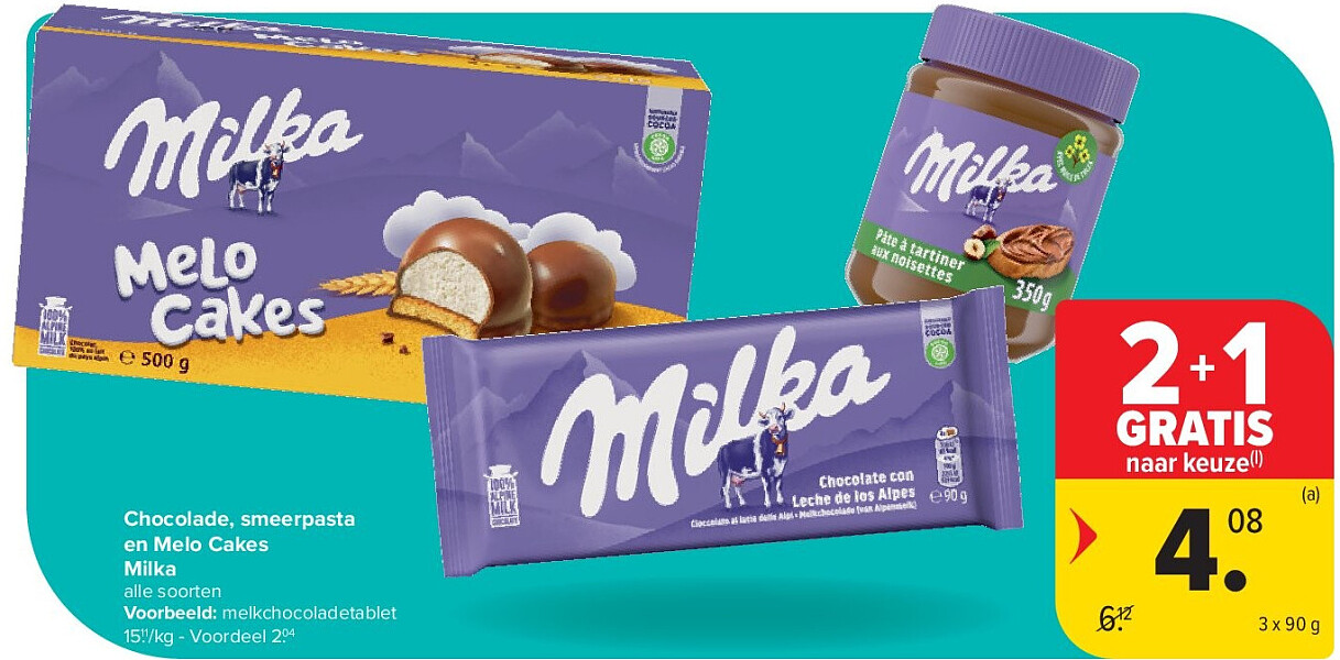 Chocolade, smeerpasta en Melo Cakes Milka
