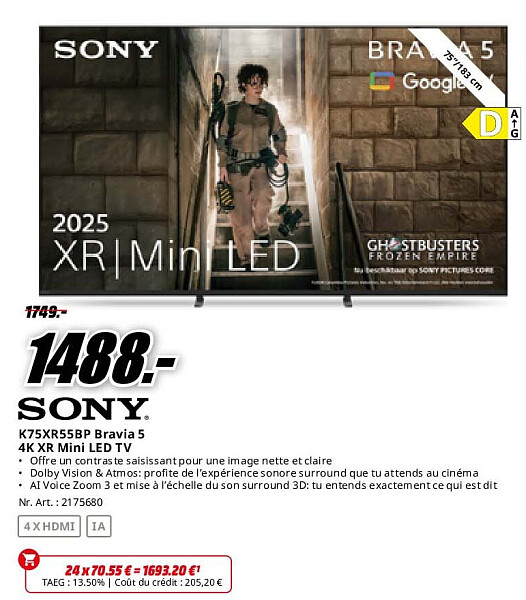 Sony K75XR55BP Bravia 5 4K XR Mini LED TV